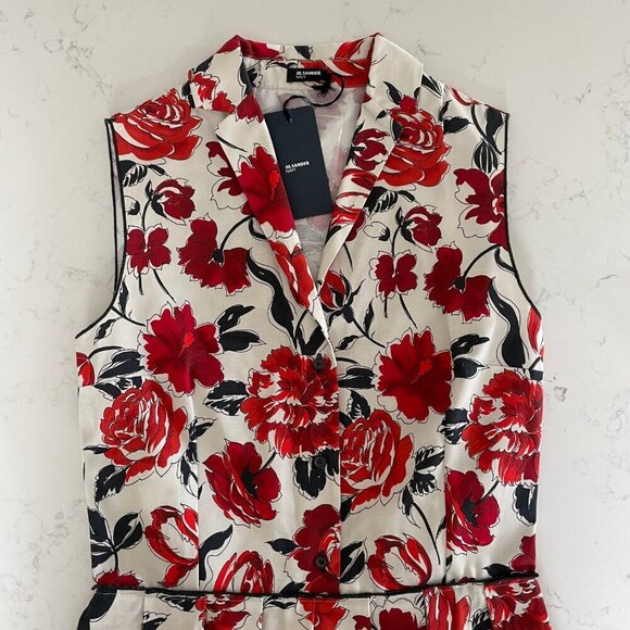 Jil Sander NAVY Designer Fit & Flare Pleated Floral Shirt Dress Ecru Red Sz 34 - Picture 6 of 15